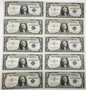 1957 $1 Blue Seal Silver Certificate - Lot of 10