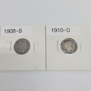 2 Barber Dimes 90% Silver: 1908-S & 1910-D