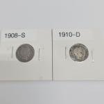 2 Barber Dimes 90% Silver: 1908-S & 1910-D