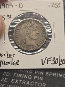 1909-D Barber Quarter Silver Coin with Great Detail