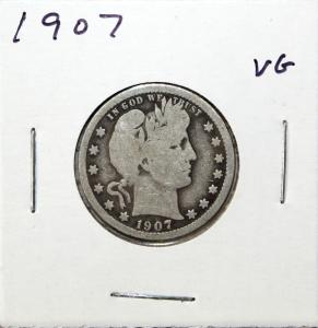 1907 US Barber Silver Quarter 25c VG