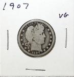 1907 US Barber Silver Quarter 25c VG