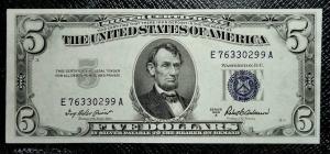 1953 $5 Blue Seal Silver Certificate Note