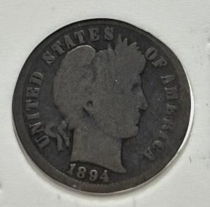 1894 Barber Dime Silver Coin - 10 Cents