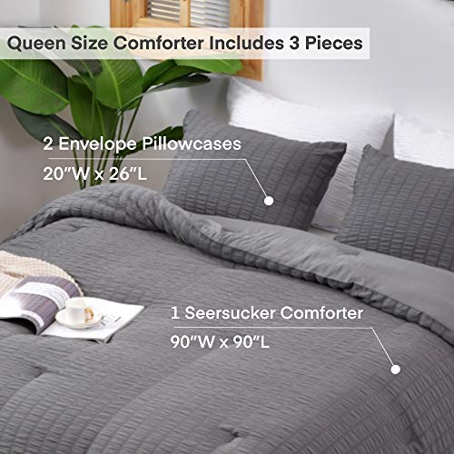 AveLom Queen Seersucker Comforter Set (3 Pieces, Grey)