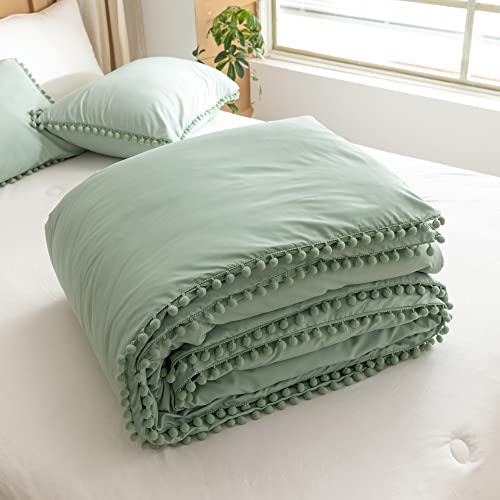 Sage Green Pom Fringe Comforter Set - Queen