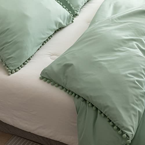 Sage Green Pom Fringe Comforter Set - Queen