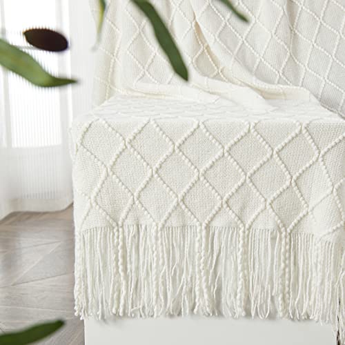 Off-white Knitted Throw Blanket with Tassels