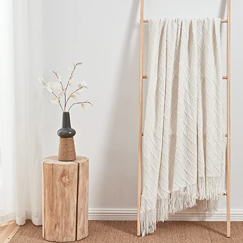 Off-white Knitted Throw Blanket with Tassels