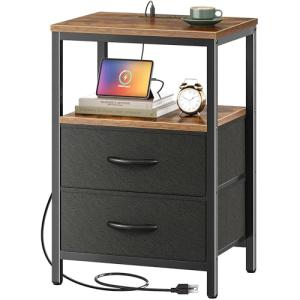 Rustic Brown Nightstand with Charging Station and USB Ports