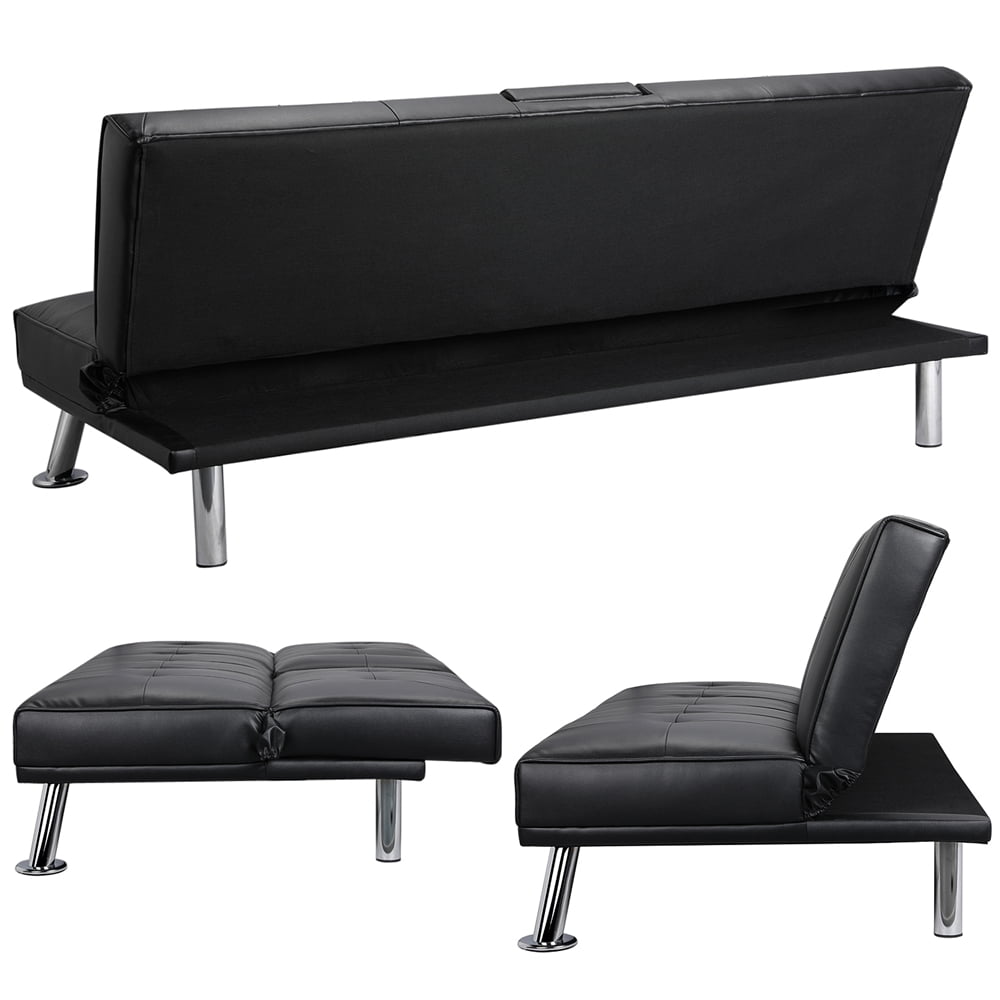 Black Faux Leather Futon with Cupholders and Pillows