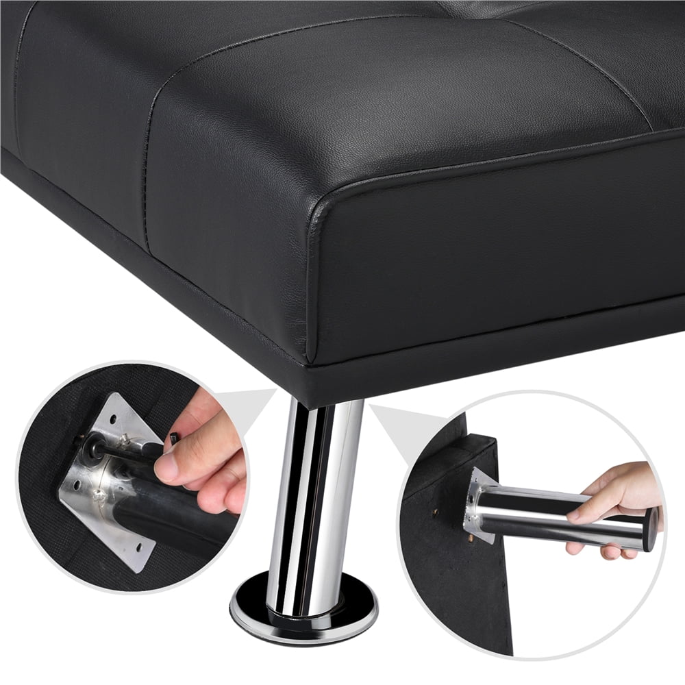 Black Faux Leather Futon with Cupholders and Pillows
