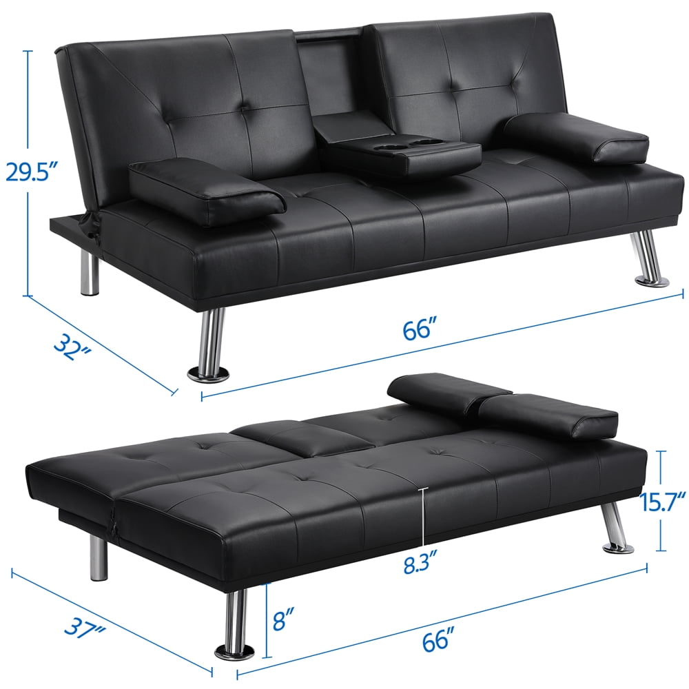 Black Faux Leather Futon with Cupholders and Pillows
