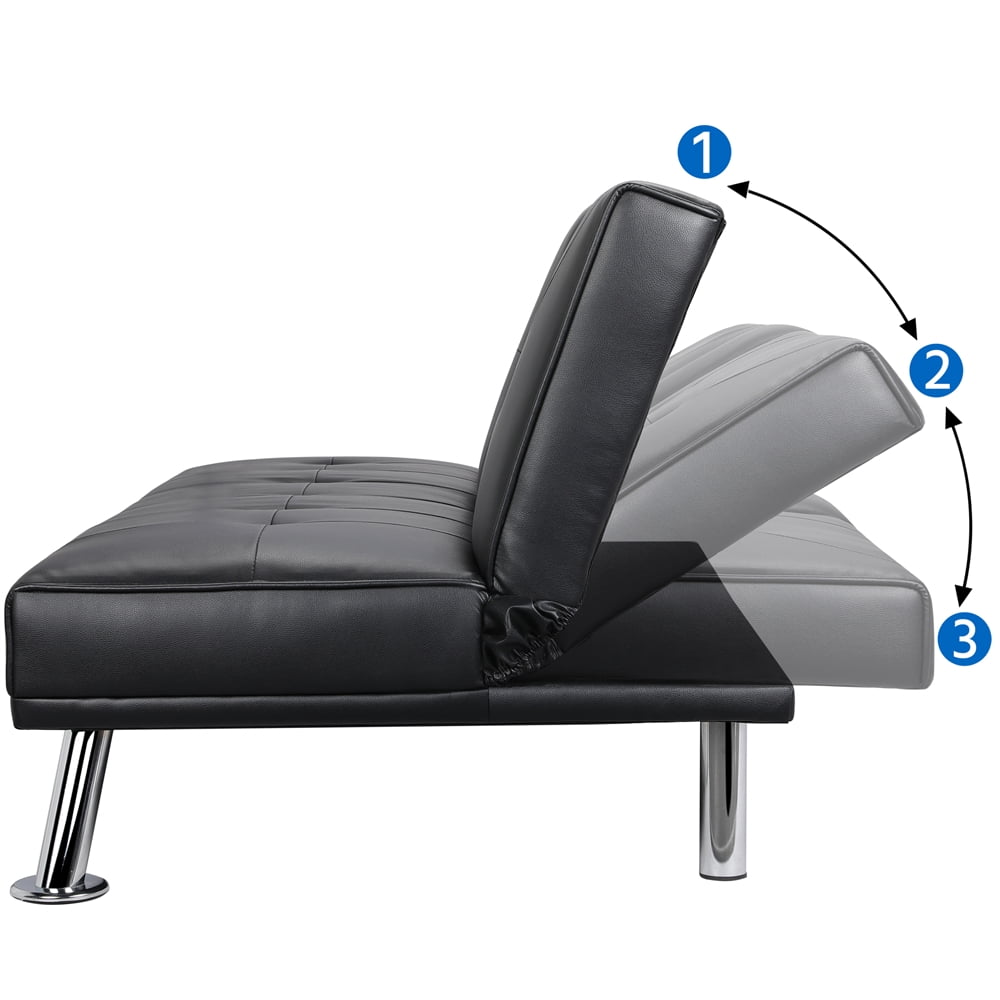 Black Faux Leather Futon with Cupholders and Pillows