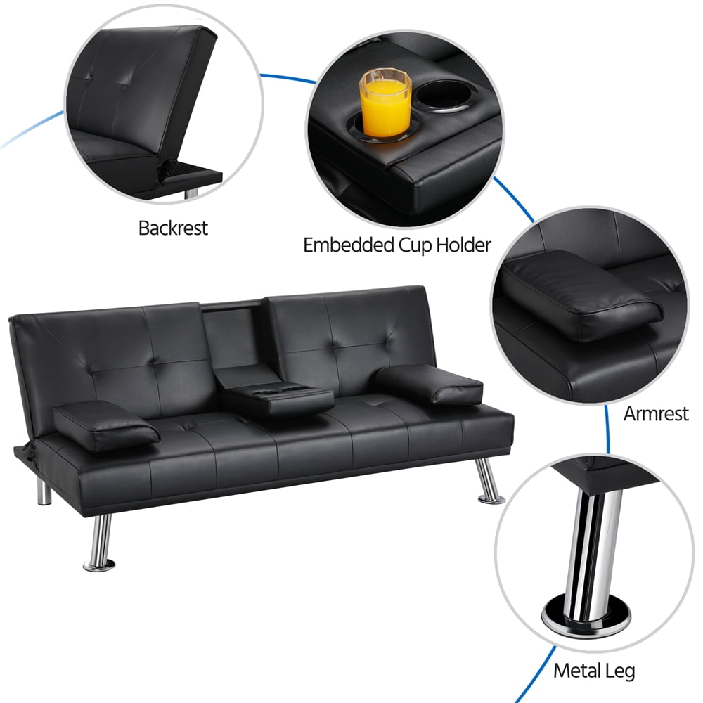 Black Faux Leather Futon with Cupholders and Pillows