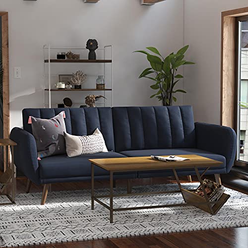 Blue Linen Sofa Bed with Wooden Legs