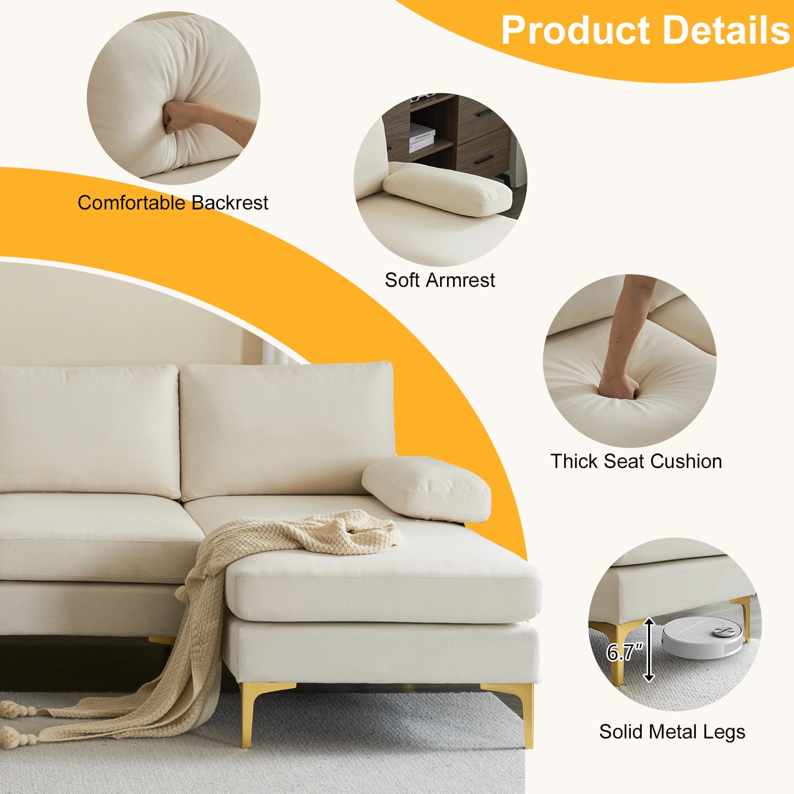 Beige U-Shaped Sectional Sofa with Reversible Chaise