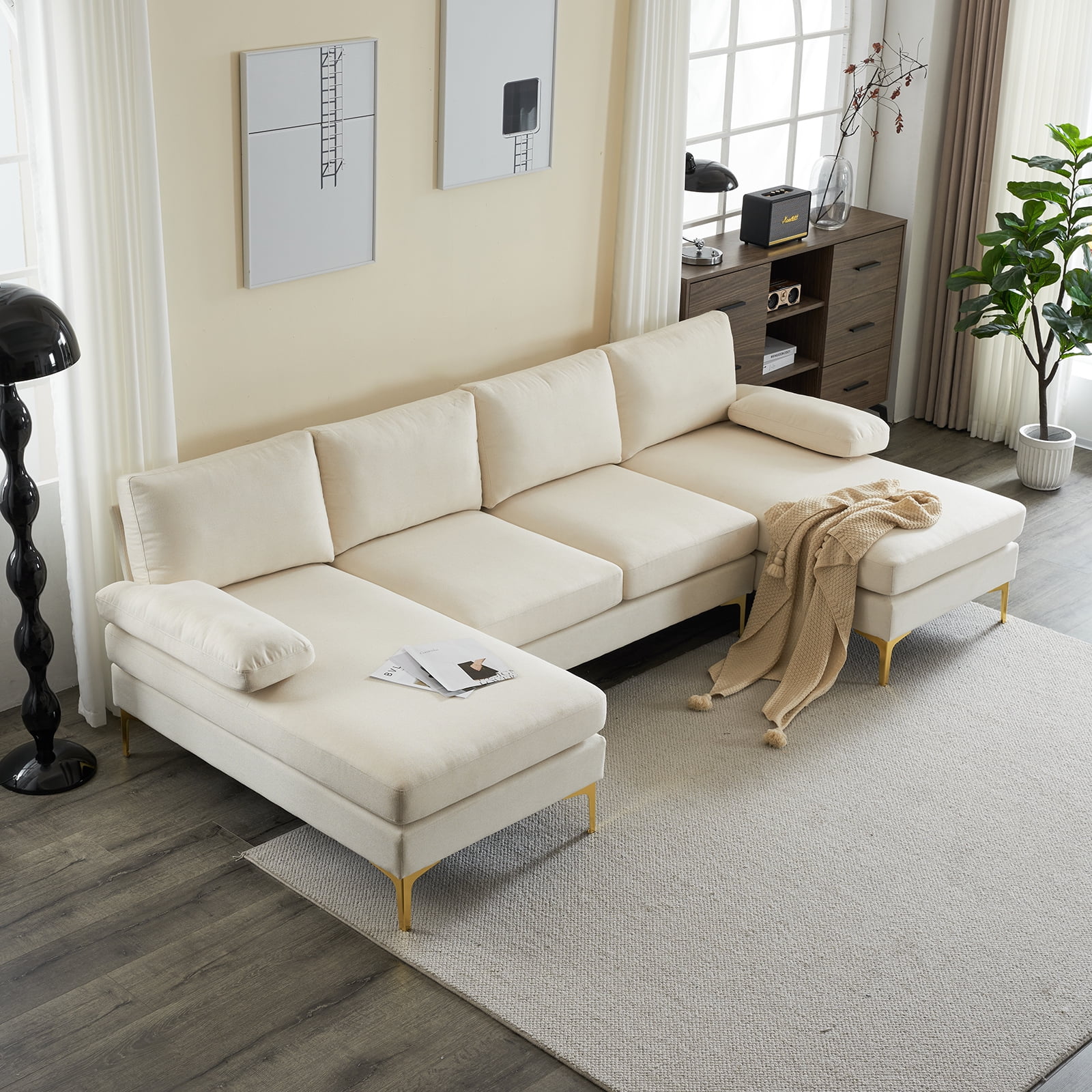 Beige U-Shaped Sectional Sofa with Reversible Chaise
