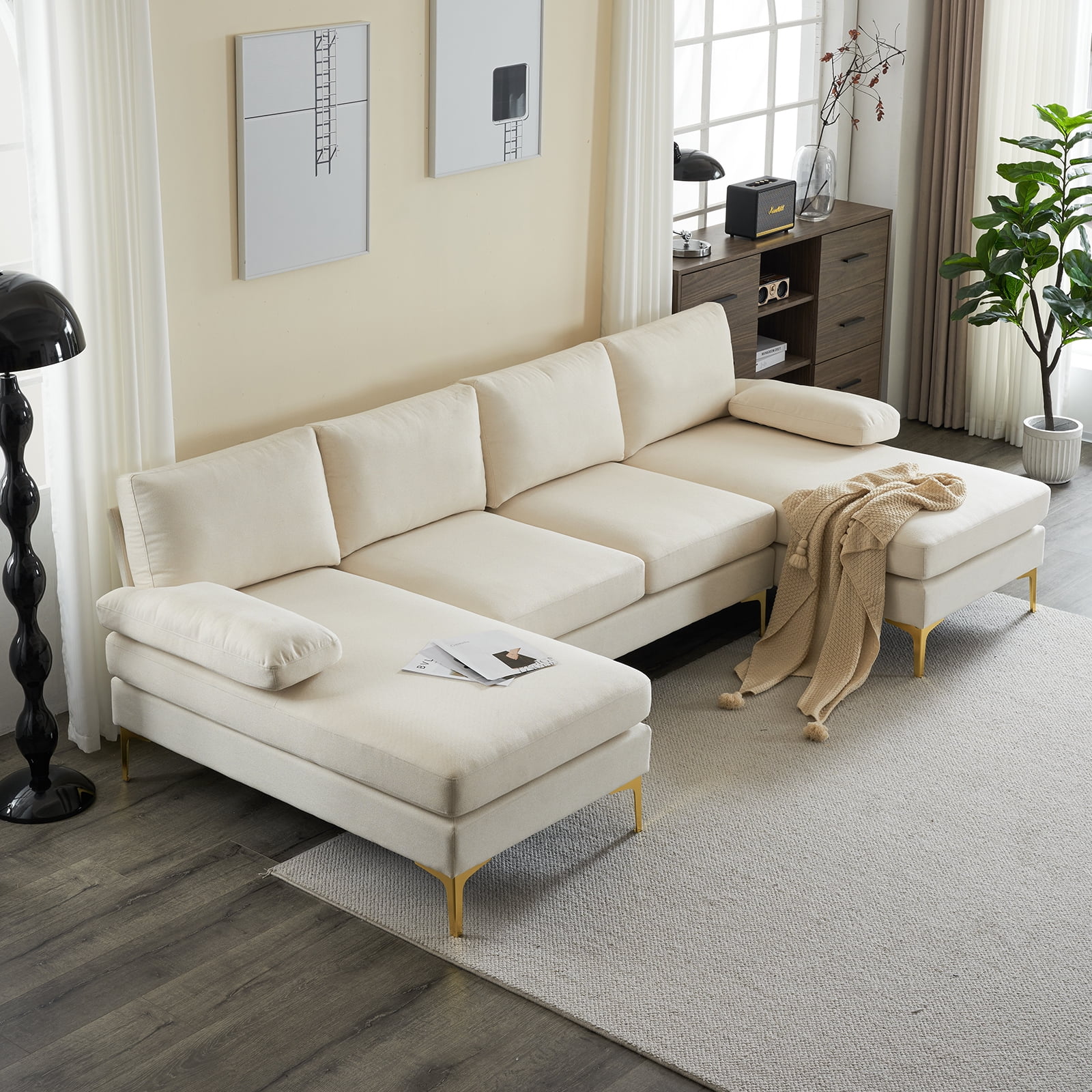 Beige U-Shaped Sectional Sofa with Reversible Chaise