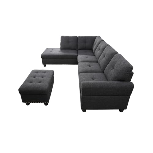 Devion Fabric Sectional Sofa Set with Ottoman (Dark Gray)