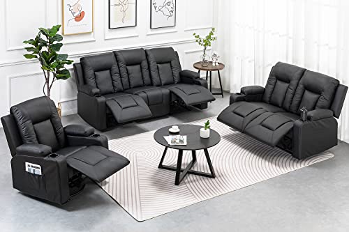 Black 3-Piece Bonded Leather Recline Sofa Set Home