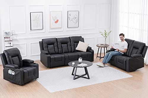 Black 3-Piece Bonded Leather Recline Sofa Set Home