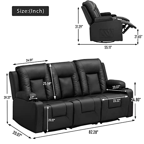 Black 3-Piece Bonded Leather Recline Sofa Set Home