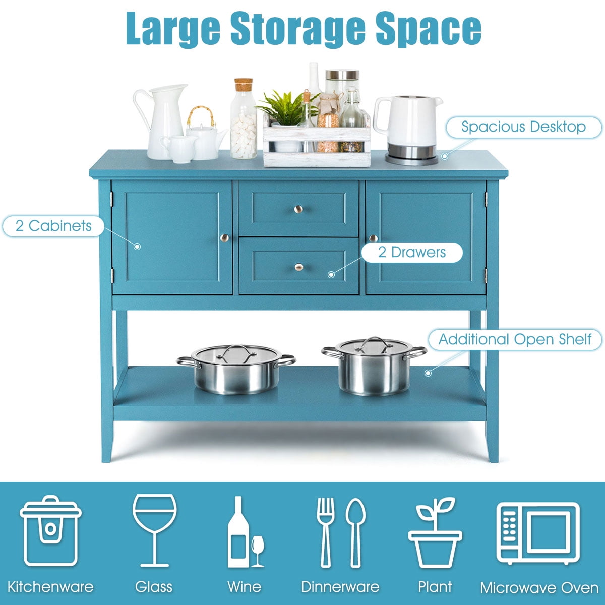 Blue Wooden Sideboard with Drawers & Storage Cabinets