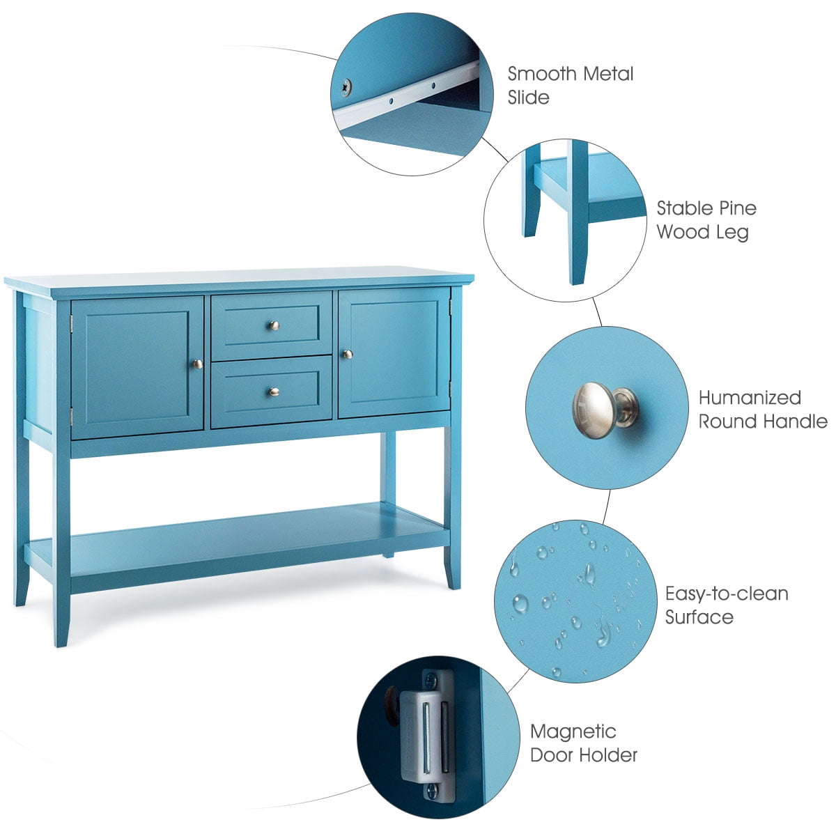 Blue Wooden Sideboard with Drawers & Storage Cabinets