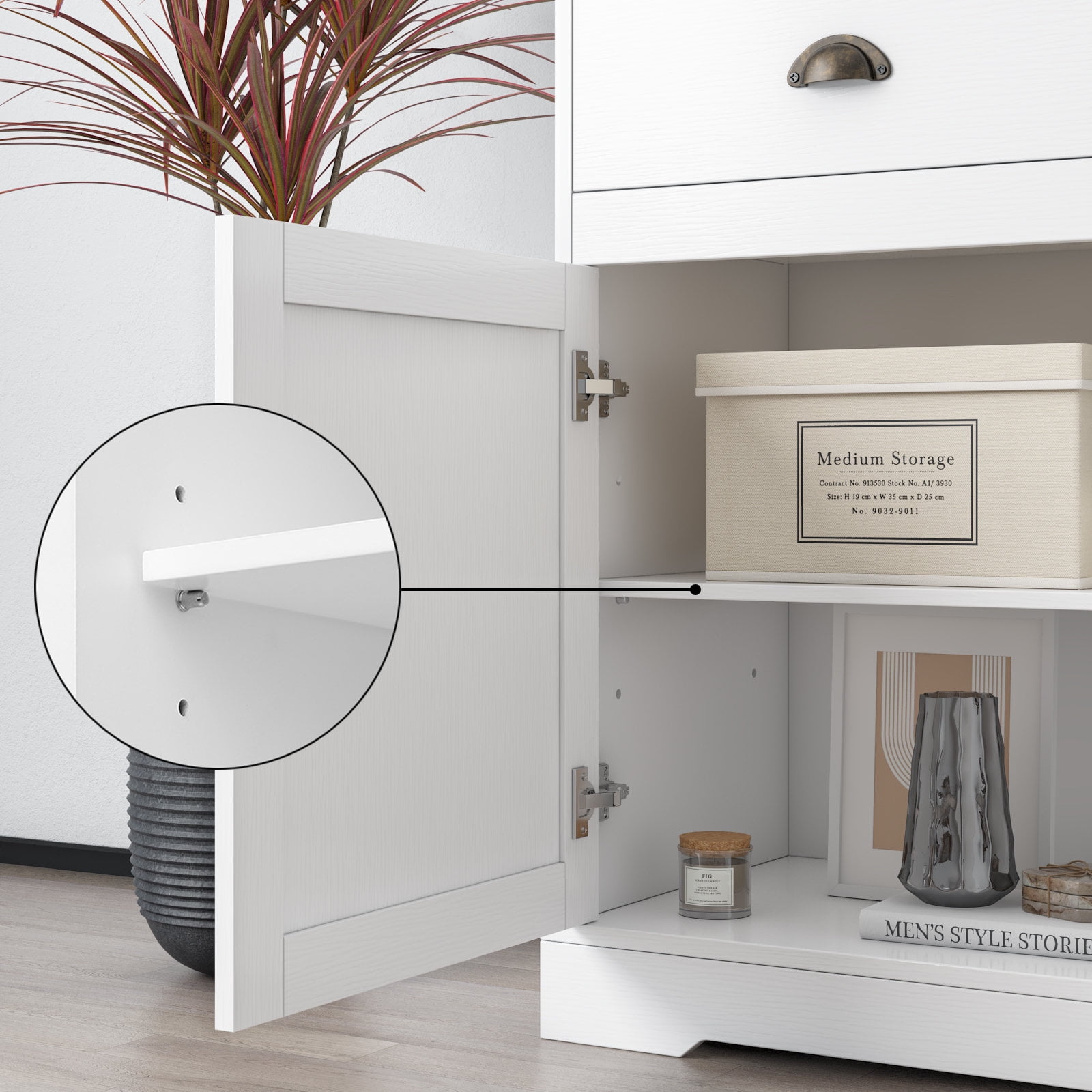 White Sideboard Cabinet with 3 Drawers & Doors