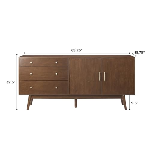 Mid-Century Modern Walnut Sideboard Cabinet, 70 Inch