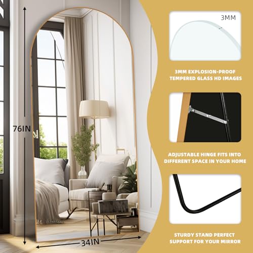 ZHUNFA 76''×34'' Arched Full-Length Mirror, Gold Aluminum Frame