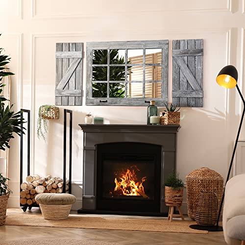 Upgraded Real Glass Windowpane Mirror Set, Rustic Grey