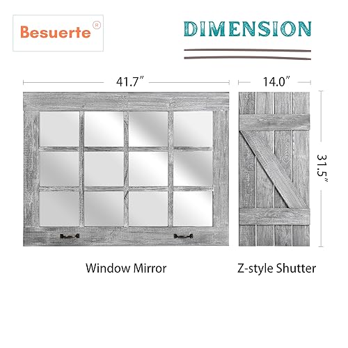Upgraded Real Glass Windowpane Mirror Set, Rustic Grey