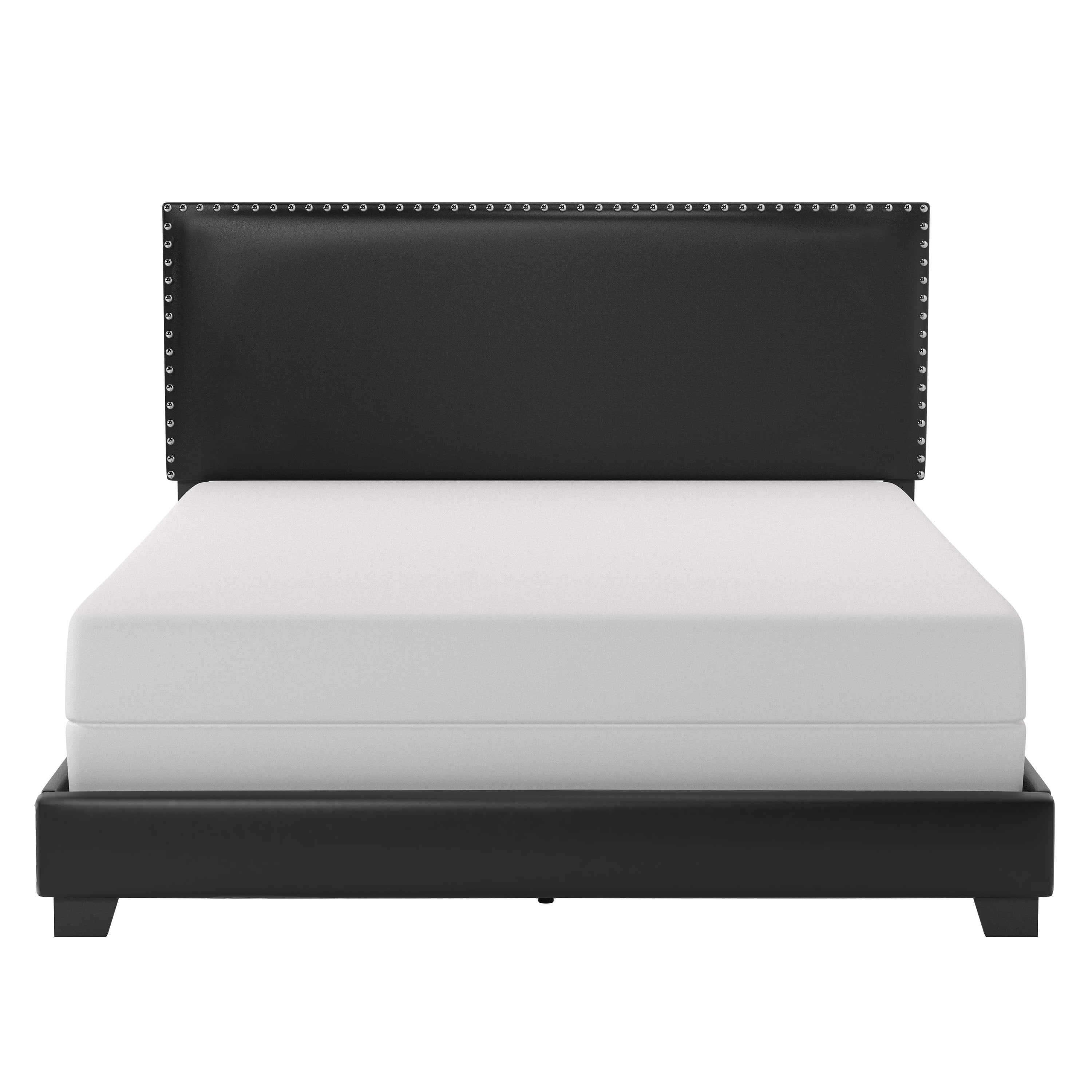 Black Faux Leather Upholstered Queen Bed with Nailhead Trim