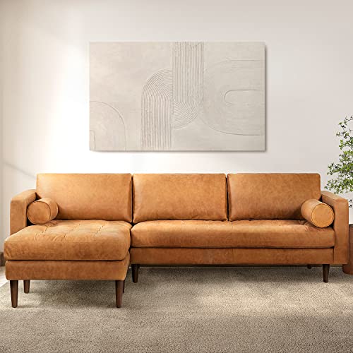Cognac Tan Leather Sectional Sofa with Tufted Back