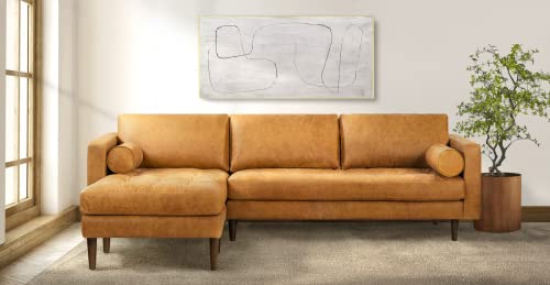 Cognac Tan Leather Sectional Sofa with Tufted Back