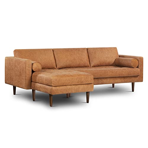 Cognac Tan Leather Sectional Sofa with Tufted Back