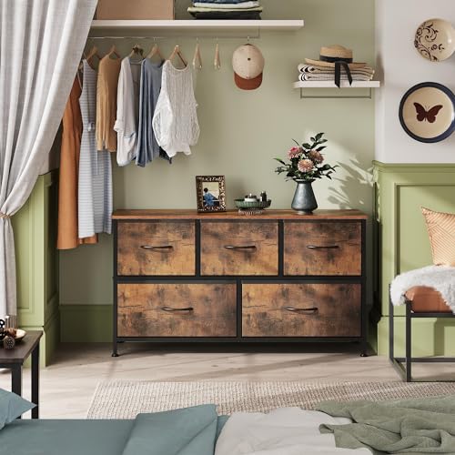 5-Drawer Fabric Dresser in Rustic Brown Wood Grain