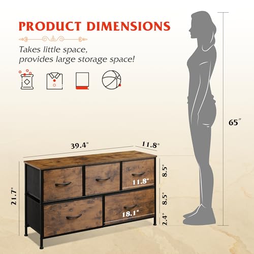 5-Drawer Fabric Dresser in Rustic Brown Wood Grain