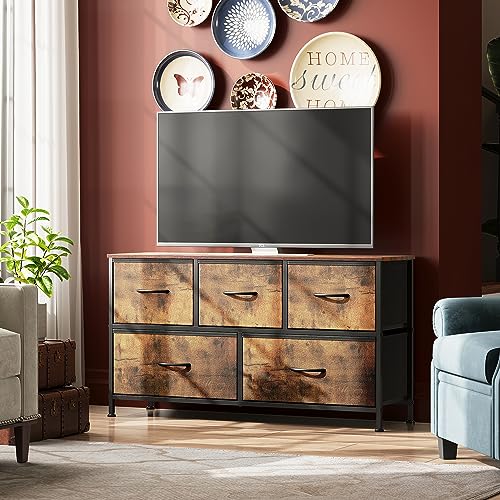 5-Drawer Fabric Dresser in Rustic Brown Wood Grain