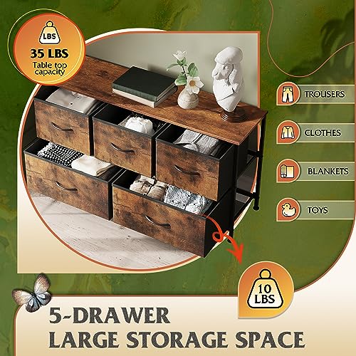 5-Drawer Fabric Dresser in Rustic Brown Wood Grain