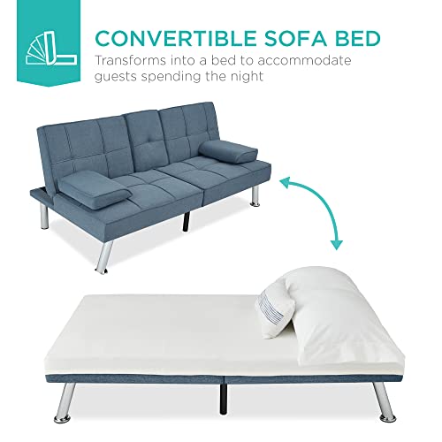 Linen Modern Folding Futon Sofa in Blue Color