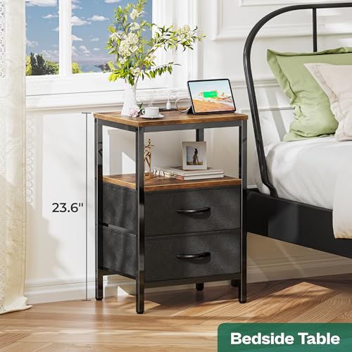 Rustic Brown Nightstand with Charging Station and USB Ports