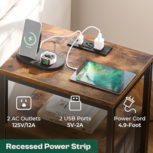 Rustic Brown Nightstand with Charging Station and USB Ports