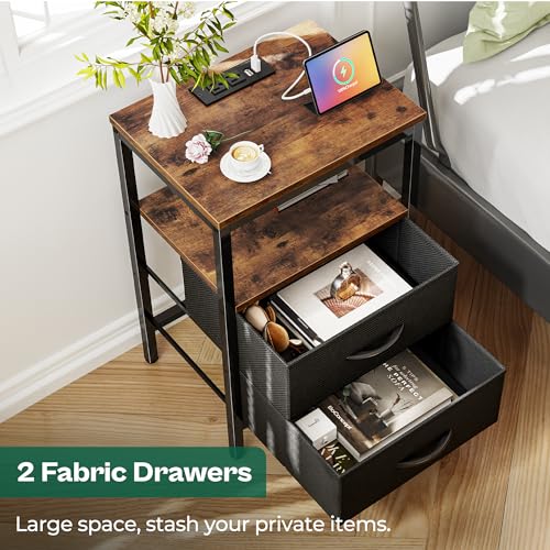 Rustic Brown Nightstand with Charging Station and USB Ports