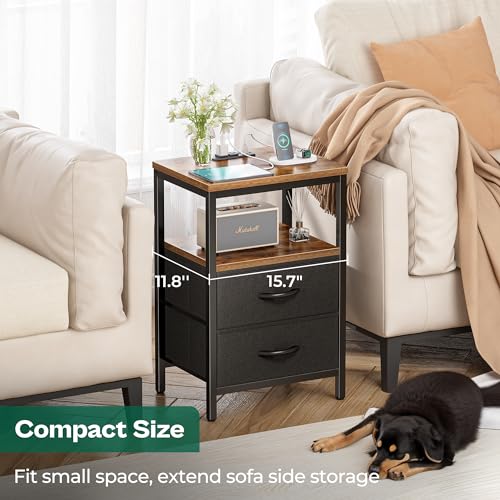 Rustic Brown Nightstand with Charging Station and USB Ports