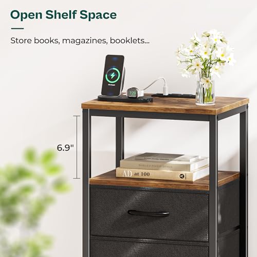 Rustic Brown Nightstand with Charging Station and USB Ports
