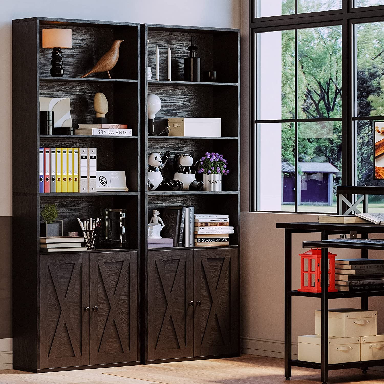 Industrial 6-Shelf Bookcase with Doors