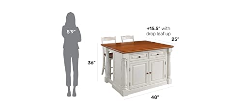 Monarch Kitchen Island Set with 2 Stools, Off-White